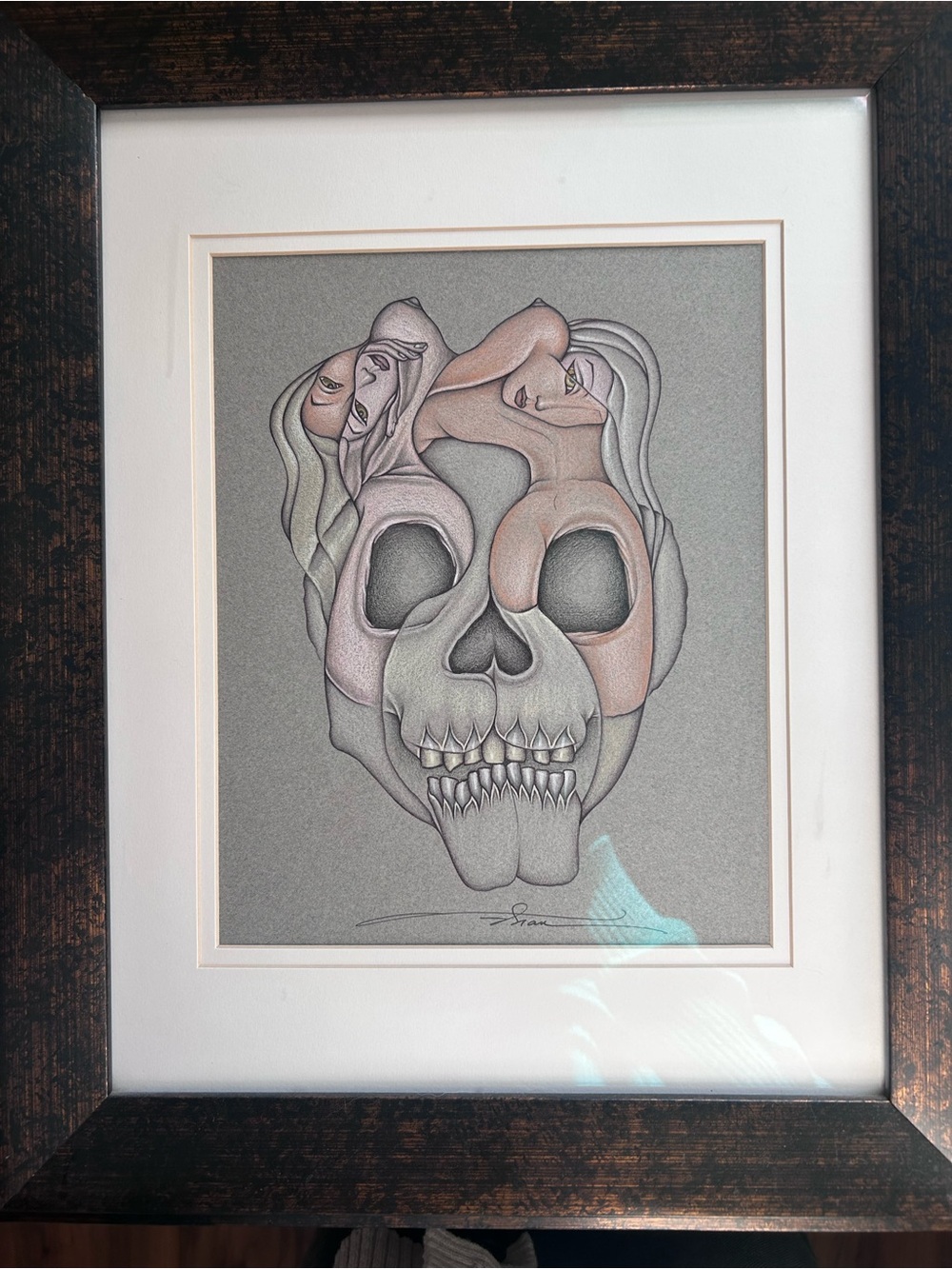 Framed Surreal Skull Art Print in Gray and Pink